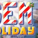 Texten GEM HOLIDAY i färgglada bokstäver med röda och vita ränder samt juldekorationer
