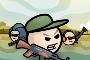 Tecknade karaktärer med vapen i en actionladdad scen med ett stängsel och himmel i bakgrunden
