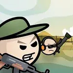 Tecknade karaktärer med vapen i en actionladdad scen med ett stängsel och himmel i bakgrunden