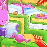 Färgglad värld med godisinspirerade element som rosa slajm, kristaller och karameller i en labyrint av grönska