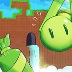 Grönt tecknat varelse med runda former i en färgglad pixelmiljö med moln och grönska