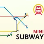 Karta med färgglada tunnelbanelinjer och symboler mot en ljus bakgrund, med texten MINI SUBWAY och en liten tågikon