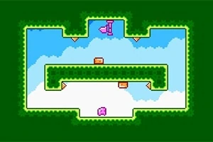 En pixelgrafikbild med en rosa karaktär och en pil med gröna plattformar mot en blå och vit bakgrund
