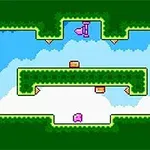 En pixelgrafikbild med en rosa karaktär och en pil med gröna plattformar mot en blå och vit bakgrund