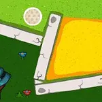 En illustration av en trädgårdstomte med röd luva, en golfklubba och en minigolfbana med gröna och gula ytor