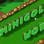 Texten Minigolf World i gröna 3D-bokstäver på en minigolfbana