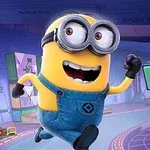 En gul minion i blåa hängselbyxor springer glatt i ett färgglatt och futuristiskt rum med leksaker och kuber i bakgrunden