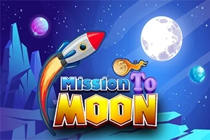 Rymdskepp som flyger mot månen med texten Mission To Moon i ett färgglatt tecknat rymdmotiv