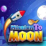Rymdskepp som flyger mot månen med texten Mission To Moon i ett färgglatt tecknat rymdmotiv