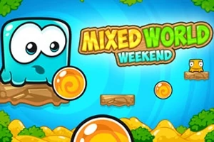 En tecknad, blå karaktär med stora ögon på en träplattform omgiven av orange bubblor och texten Mixed World Weekend på en livfull bakgrund