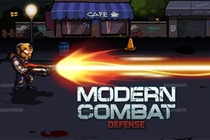 En soldat med hjälm avfyrar ett eldskjutande vapen på en mörk stadsgata framför ett kafé, med texten MODERN COMBAT DEFENSE i förgrunden