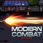 En soldat med hjälm avfyrar ett eldskjutande vapen på en mörk stadsgata framför ett kafé, med texten MODERN COMBAT DEFENSE i förgrunden