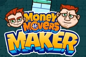 Två tecknade figurer med rött hår svävar ovanför texten Money Movers Maker i fet stil