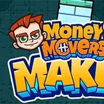 Två tecknade figurer med rött hår svävar ovanför texten Money Movers Maker i fet stil