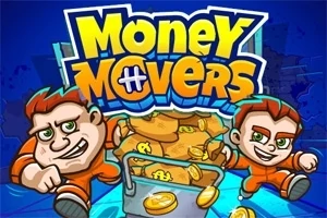 Två tecknade figurer i orange overaller bär en påse med pengar framför en skylt med texten Money Movers
