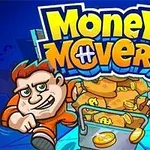 Två tecknade figurer i orange overaller bär en påse med pengar framför en skylt med texten Money Movers