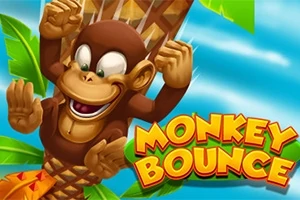 En glad apa klättrar på en palm bredvid texten Monkey Bounce med en blå himmel i bakgrunden