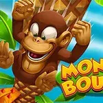 En glad apa klättrar på en palm bredvid texten Monkey Bounce med en blå himmel i bakgrunden