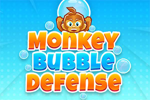 En tecknad apa i en bubbla ovanför texten Monkey Bubble Defense på en blå bakgrund med bubblor