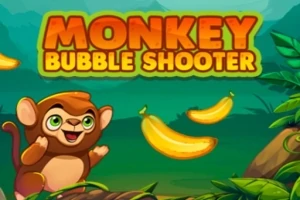 Tecknad apa bredvid bananer med en djungelbakgrund och texten Monkey Bubble Shooter