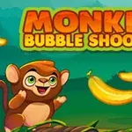 Tecknad apa bredvid bananer med en djungelbakgrund och texten Monkey Bubble Shooter