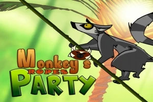 En animerad lemur klättrar på en lian med texten Monkeys Ropes Party nedanför