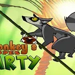 En animerad lemur klättrar på en lian med texten Monkeys Ropes Party nedanför