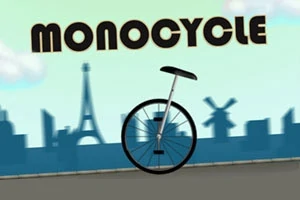 En enhjuling framför en stadssilhuett med texten MONOCYCLE ovanför