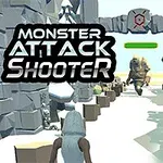 En person siktar mot ett monstrum i en snöig kanjon med en bågbåge ovanför, texten Monster Attack Shooter syns i det övre vänstra hörnet