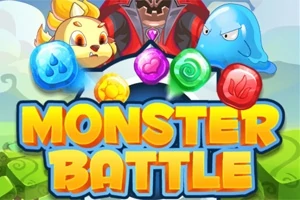 Tecknade monsterfigurer och färgglada juveler ovanför texten Monster Battle