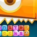 Ett stort orange monster med ett öga och vassa tänder ovanför färgglada block med bokstäver