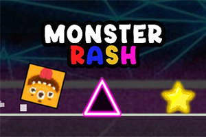 Ett färgglatt speltema med texten Monster Rash, en lutande fyrkant med ett ansikte, en rosa triangel, och en gul stjärna på en mörk bakgrund