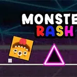 Ett färgglatt speltema med texten Monster Rash, en lutande fyrkant med ett ansikte, en rosa triangel, och en gul stjärna på en mörk bakgrund