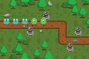 Tecknad bild av ett spel med färgglada monster som går längs en slingrande stig omgiven av träd och turrets