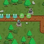 Tecknad bild av ett spel med färgglada monster som går längs en slingrande stig omgiven av träd och turrets
