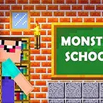Två karaktärer i pixlad stil framför en grön tavla med texten Monster School på en tegelväggsbakgrund med ett fönster och en fackla