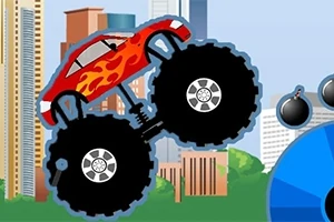En tecknad röd monstertruck med stora hjul hoppar framför en stadshorisont