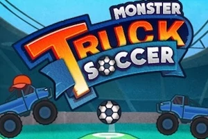 Två blå monstertruckar och en fotboll på en arena med stor text i bakgrunden