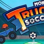 Två blå monstertruckar och en fotboll på en arena med stor text i bakgrunden