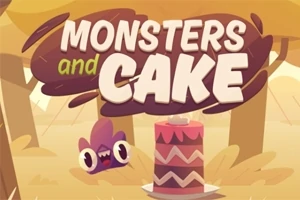 Ett tecknat monster och en tårta med texten Monsters and Cake ovanför i en skogsmiljö