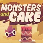 Ett tecknat monster och en tårta med texten Monsters and Cake ovanför i en skogsmiljö