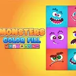 Bild med olika färgglada, tecknade monster ansikten på en rutnätbakgrund