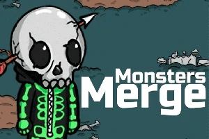 Tecknad figur med en dödskallemask och en pil genom huvudet, stående framför texten Monsters Merge på en mörk bakgrund