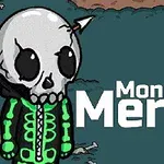Tecknad figur med en dödskallemask och en pil genom huvudet, stående framför texten Monsters Merge på en mörk bakgrund