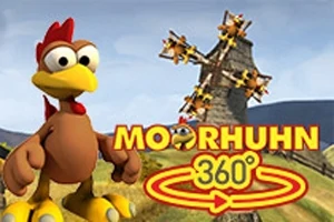 Tecknad kyckling står framför en kvarn med flygande kycklingar och stor text MOORHUHN 360°