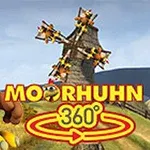 Tecknad kyckling står framför en kvarn med flygande kycklingar och stor text MOORHUHN 360°