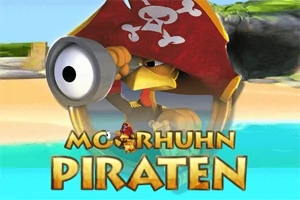 En tecknad kyckling utklädd till pirat, som tittar genom en kikare med en röd pirathatt med dödskalle, står framför en strandbakgrund med texten Moorhuhn Piraten under