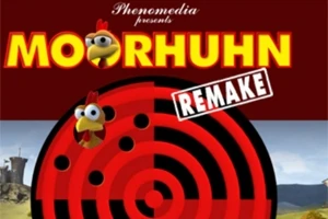 Röd och gul logotyp med en tecknad kyckling och ordet remake på en bakgrund med målskiva och landskap