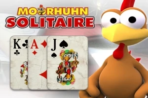 En tecknad kyckling bredvid spelkort och texten Moorhuhn Solitaire