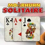 En tecknad kyckling bredvid spelkort och texten Moorhuhn Solitaire